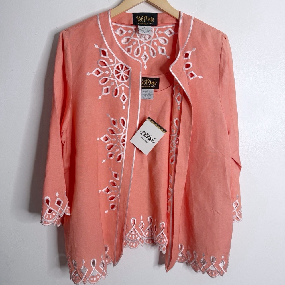 NWT Bob Mackie Linen Rayon Set Cardigan Tank Embroidered Cut Out Coral‎ Large